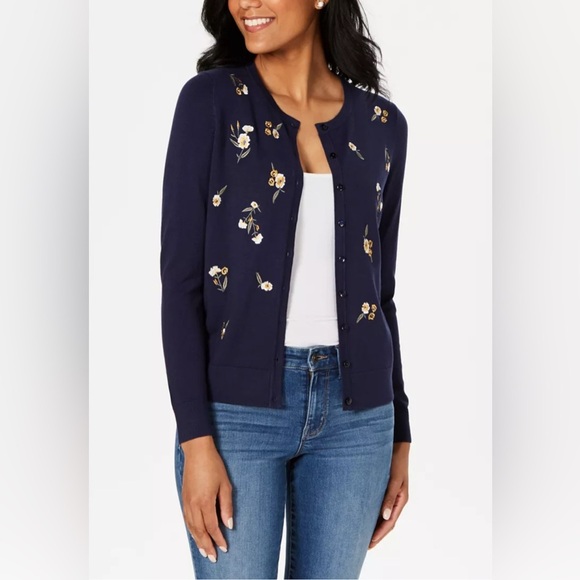 Charter Club Sweaters - Charter Club Floral Embroidered Cardigan | Size Large |